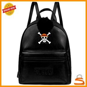 Faux Leather Mini Backpack with Anime Print, Adjustable Straps, 4 Pockets